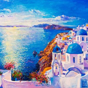 Original,Oil,Painting,On,Canvas.,Blue,Sea,And,White,Houses.